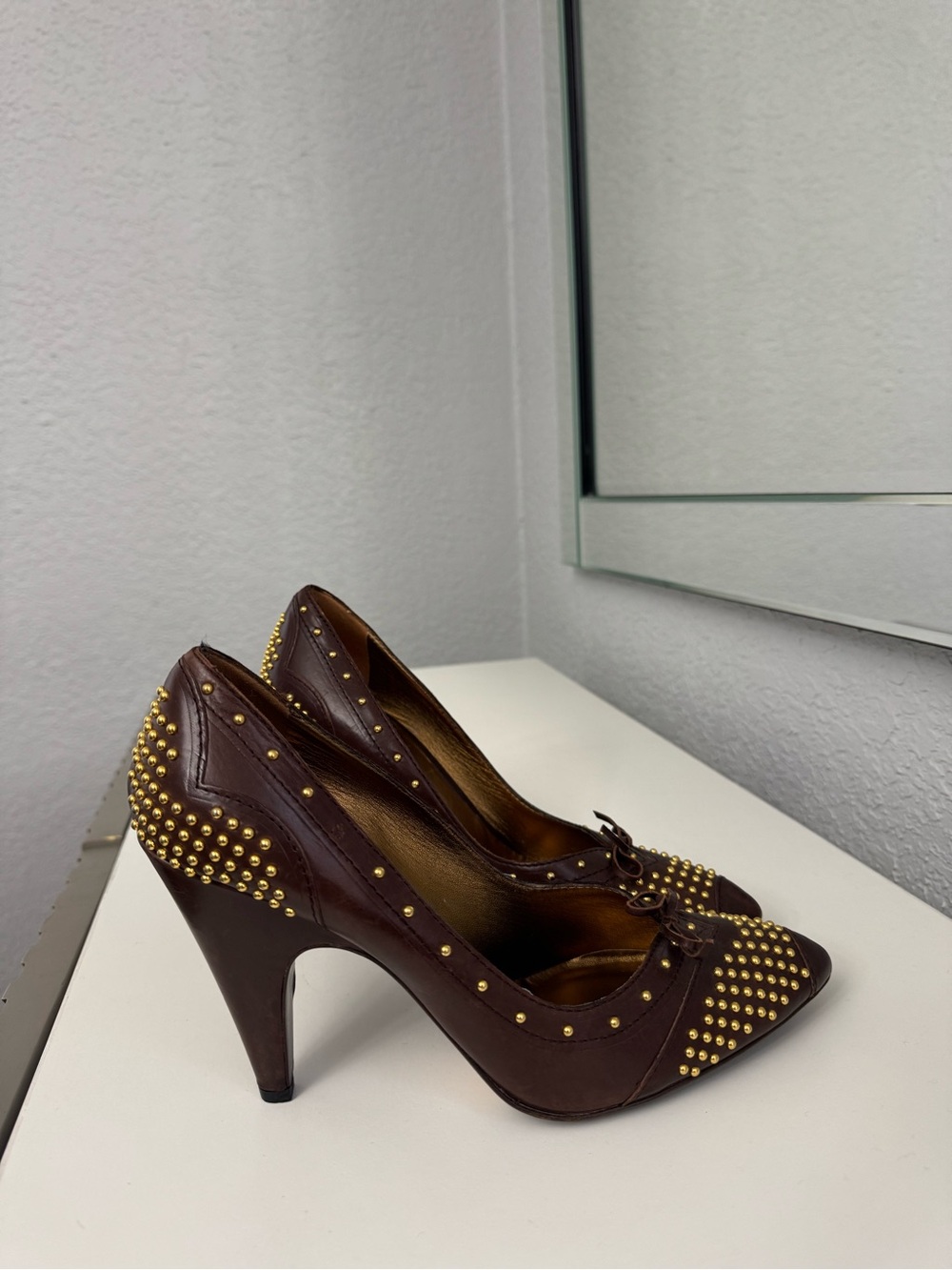 Miu Miu Brown Leather Pointed Toe Pumps with Gold Studs